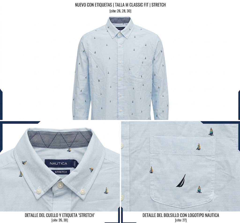 Camisa Nautica Hombre Manga Larga Azul Claro Stretch - Talla M Classic Fit