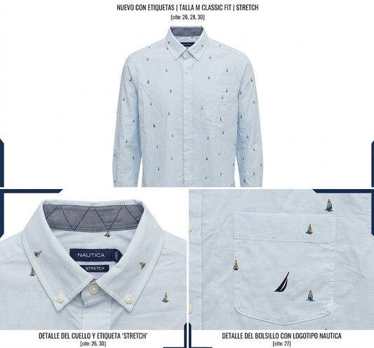 Camisa Nautica Hombre Manga Larga Azul Claro Stretch - Talla M Classic Fit