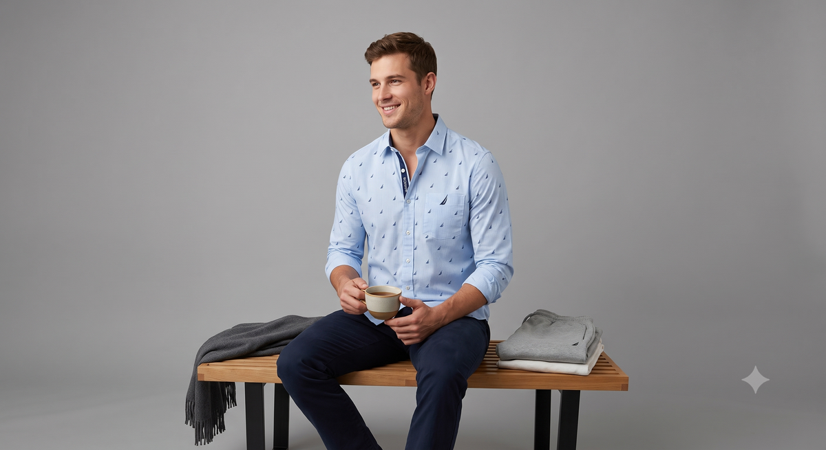 Camisa Nautica Hombre Manga Larga Azul Claro Stretch - Talla M Classic Fit